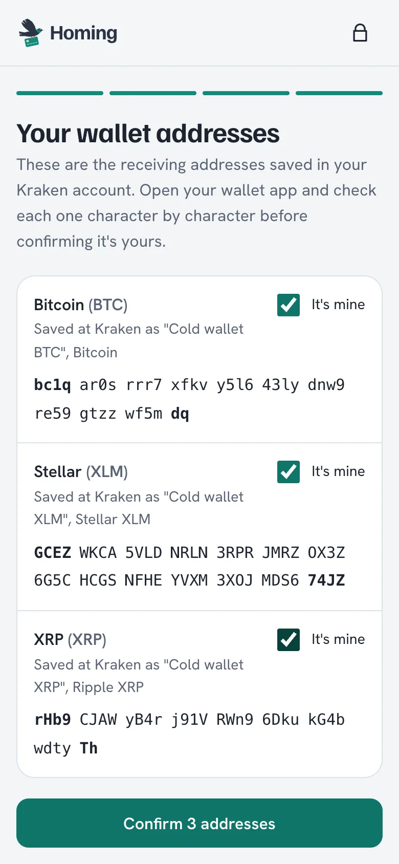The wallet addresses screen showing each saved address in full