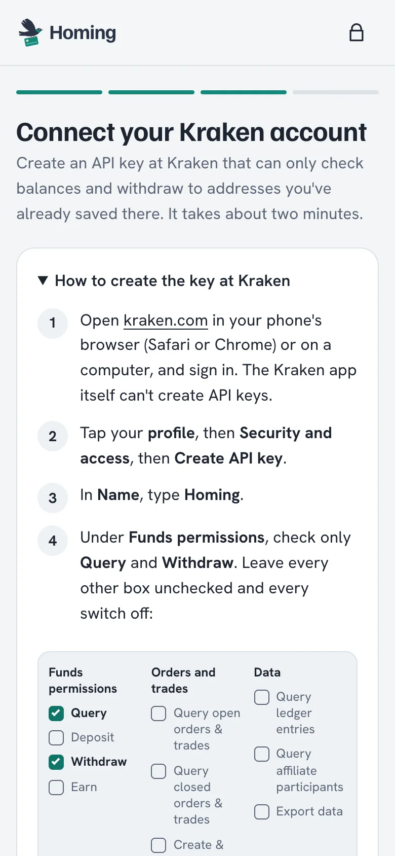Homing's Connect Kraken screen with step-by-step instructions