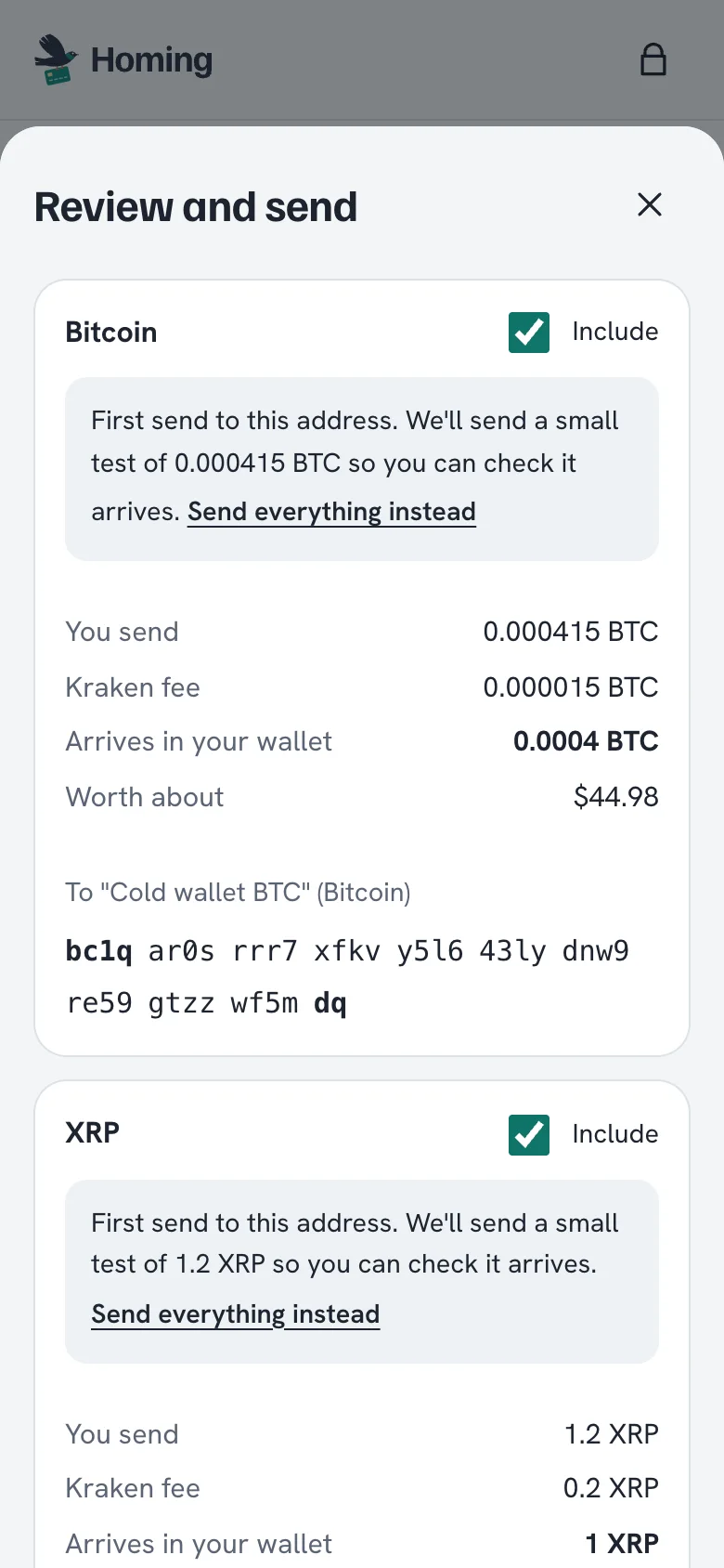 The review screen showing amount, Kraken's fee and what arrives